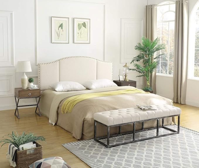 24KF Middle Century Linen Upholstered Tufted Queen Size Headboard with Antique Brass Nails Queen/Full headboard -Ivory