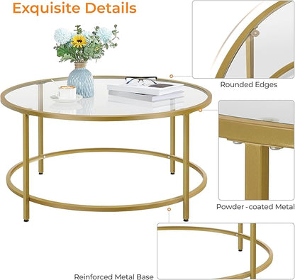 Yaheetech Gold Glass Coffee Table for Living Room, 36" Round Glass Coffee Table with Metal Frame, Circle Coffee Table for Home, Office, Apartment