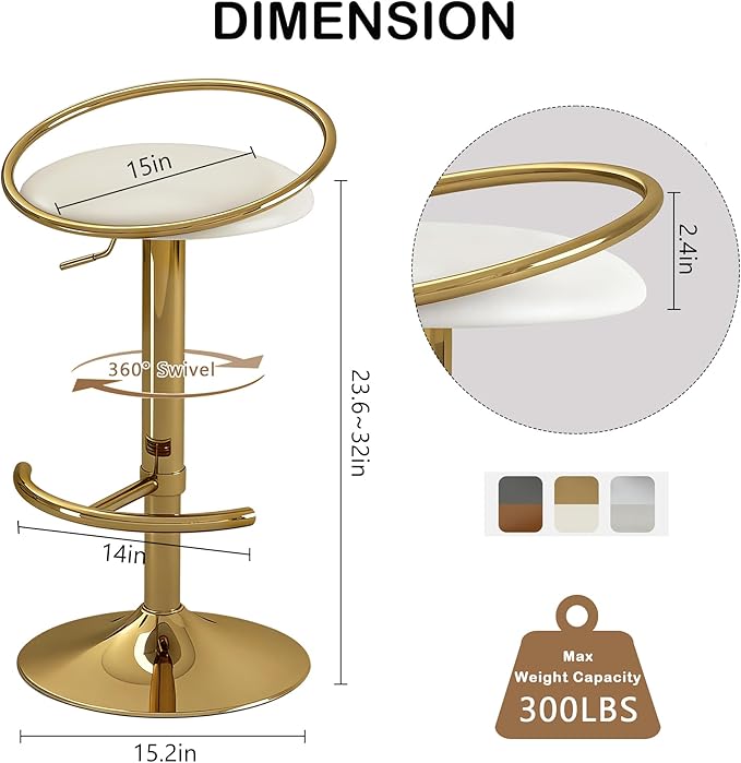 Bar Stools Set of 2, Adjustable Swivel Counter Height Barstools with Upholstered Seat, PU Leather Counter Stools for Bar, Kitchen Island, Dining Room, Gold