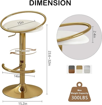 Bar Stools Set of 2, Adjustable Swivel Counter Height Barstools with Upholstered Seat, PU Leather Counter Stools for Bar, Kitchen Island, Dining Room, Gold