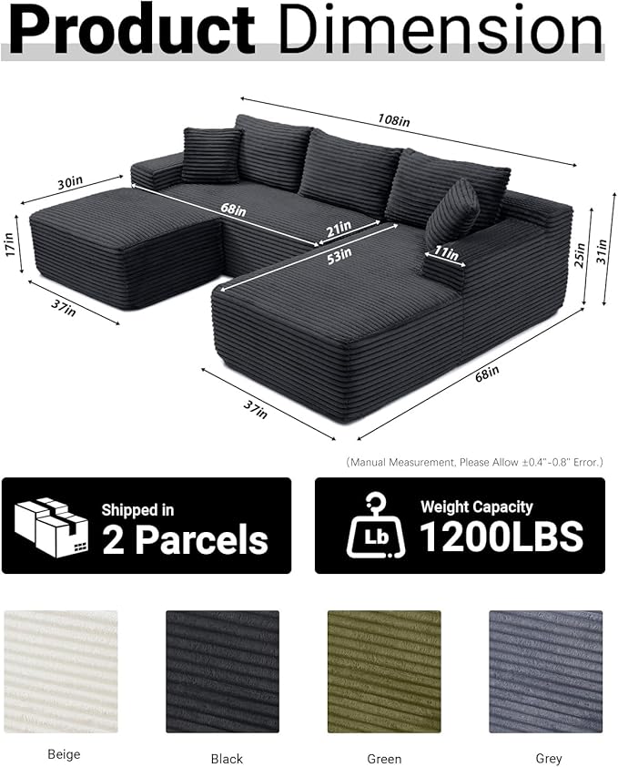 108 Inch Cloud Sectional Couch,Modern Modular Sectional Sofa with Deep Seat,Corduroy Boneless Couches with L-Shape Chaise for Living Room,No Assembly Required (Black, Right Facing Chaise + Ottoman)
