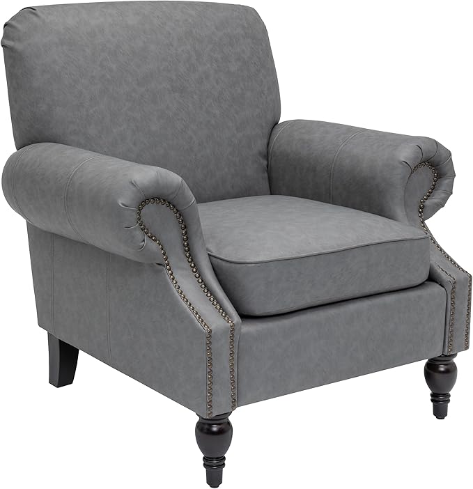 Accent Chair,22.4" Seat Depth Armchair with Roll Arms,36.6W*34.3D*34.6H Living Room Chair,Wood Legs,Set of 1,Faux Leather in Gray
