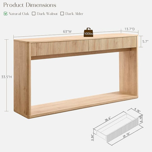 OKD 63" Fluted Console Table for Entryway, Modern Entryway Table with 2 Large Drawers, Long Sofa Table Behind Couch for Living Room, Hallway, Couch, Foyer，Natural Oak