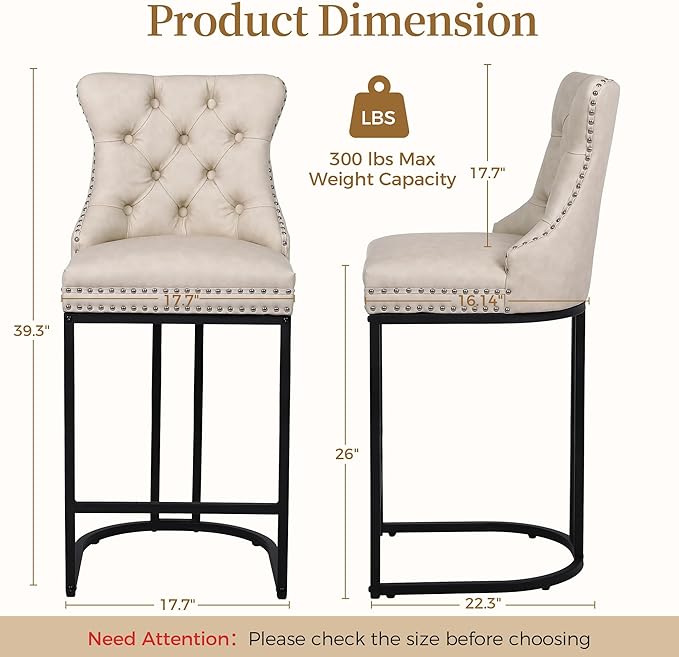 Counter Height Bar Stools Set of 3 for Kitchen Island, Modern Bar Stools with Backs, 26 Inch Barstools with Upholstered Faux Leather Seat and Metal Frame, Beige