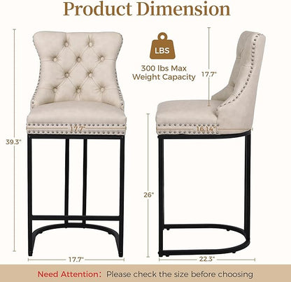 Counter Height Bar Stools Set of 3 for Kitchen Island, Modern Bar Stools with Backs, 26 Inch Barstools with Upholstered Faux Leather Seat and Metal Frame, Beige