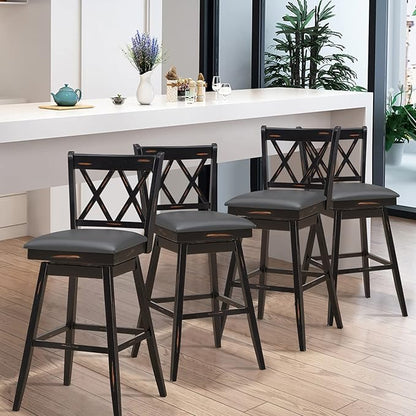 COSTWAY Bar Stool Set of 2, 360 ° Swivel Counter Height 29.5 inch Bar Stool with Foot Rest Upholstered Cushion & Ergonomic Backrest, Premium Foot Rest & Sturdy Frame (4, Black + Grey)