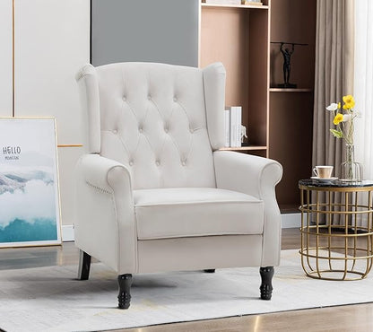 Artechworks Winged Velvet Modern Accent Chair Tufted Arm Club Chair Linen Single Sofa with Wooden Legs Comfy Upholstered for Reading Living Room Bedroom Office, Beige