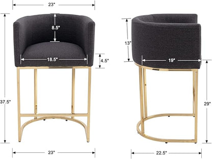 Contemporary Charcoal Linen Bar Stool, 29" Upholstered Fabric Counter Height Barstool Kitchen Counter Island Stool with Golden Metal Base