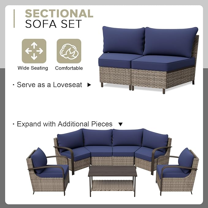 COOS BAY Aurora Terrace Half-Moon Outdoor Furniture Set, Rattan Conversation Set with Patio Chairs, Curved 4-Seat Sofa, Coffee Table & Side Table, Seats 6, Beige/Blue