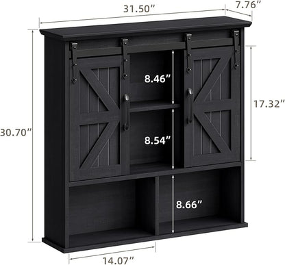 Vabches Bathroom Wall Cabinet, Farmhouse Medicine Cabinet with Double Sliding Barn Door and Adjustable Shelves, Wooden Vintage Storage Cabinet Wall Mounted for Bathroom, Kitchen Dining, Black