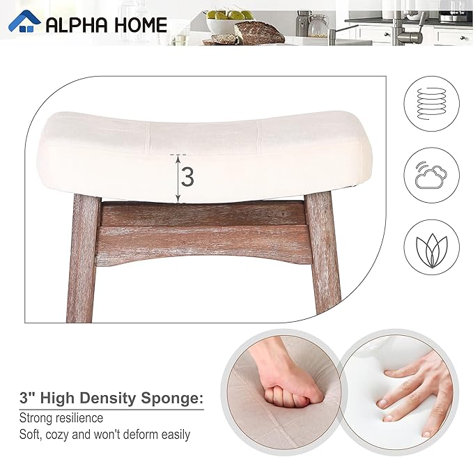 ALPHA HOME Bar Stool, Solid Wood Saddle Kitchen Stool with Beige Linen Fabric Cushion Counter Height Barstool with Vintage Farm Wooden Base for Kitchen Dining Cafe, 24 Inch, Beige, 1PC