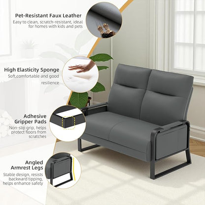 Faux Leather Loveseat Couch for Living Room Bedroom Office, Small Sofa 2 Seater Couch with Flip Up Tray Table Side Pockets Leather Loveseats, Gray
