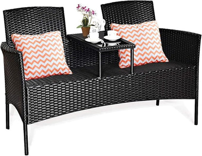 COSTWAY 2-Seat Patio Conversation Sets, Outdoor Patio Loveseat Set with Removable Cushions & Built-in Coffee Table for Backyard, Garden, Lawn, Balcony, Black+Beige