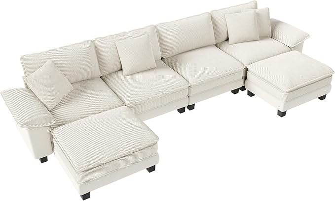 157-Inch U Shaped Sectional Sofa with Cloud Cushions, Deep Seat Modular Couch Set w/ 6 Seats & 2 Ottomans, Plush Chenille & Corduroy Upholstery for Living Room, Apartment - Beige