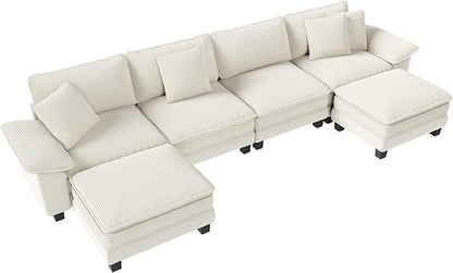 157-Inch U Shaped Sectional Sofa with Cloud Cushions, Deep Seat Modular Couch Set w/ 6 Seats & 2 Ottomans, Plush Chenille & Corduroy Upholstery for Living Room, Apartment - Beige