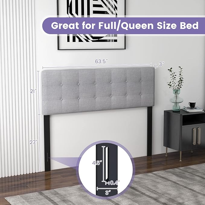 KOMFOTT Linen Upholstered Headboard for Full & Queen Size Bed Frame, Modern Tufted Button Bed Headboard with Solid Rubber Wood Legs, Rectangular Headboard with Adjustable Width, Gray