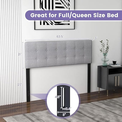 KOMFOTT Linen Upholstered Headboard for Full & Queen Size Bed Frame, Modern Tufted Button Bed Headboard with Solid Rubber Wood Legs, Rectangular Headboard with Adjustable Width, Gray