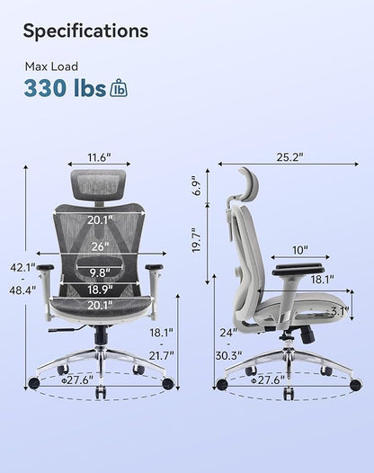 SIHOO M57 Ergonomic Mesh Office Chair, High Back Home Desk Chair with 3D Armrests, Lumbar Support and Adjustable Headrest, Comfortable Computer Chair, Big & Tall Office Chair Hold 330 LBS-Light Grey