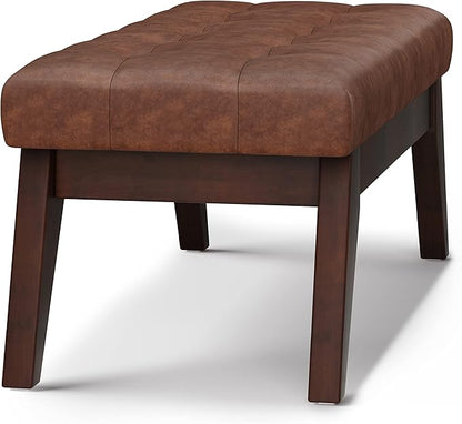 SIMPLIHOME Draper 40 inch Wide Mid Century Modern Rectangle Tufted Ottoman Bench in Distressed Saddle Brown Vegan Faux Leather, Assembled, For the Living Room and Bedroom
