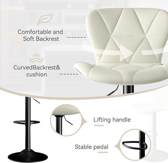 Bar Stools Set of 4,Adjustable Swivel Barstools, Faux Leather Bar Chairs,Upholstered Counter Height with High Backrest for Kitchen Island, White