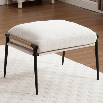 DUOMAY Cute Chenille Single Footrest, Upholstered Footstool with Black Metal Legs Mid Century Modern Vanity Room Ottoman Shoe Stool for Living Room Bedroom Dressing Room, Beige