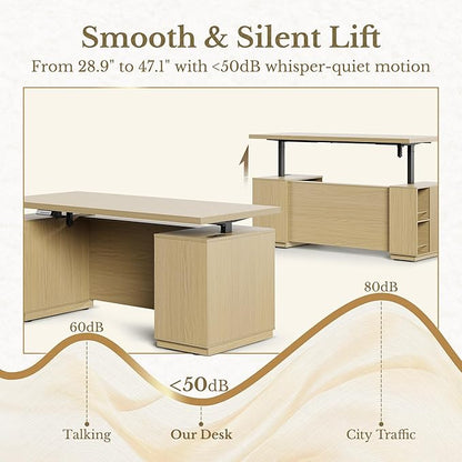 70" Standing Desk with Storage, Executive Electric Height Adjustable Stand Up Desk with AC/USB and Privacy Panel, Large One-Piece Destop, Fluted Computer Desk for Home Office, Light Walnut
