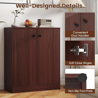 GOFLAME Floor Storage Cabinet with 2 Doors, Freestanding Accent Storage Cabinet Organizer with 3-Tier Inner Shelves, Modern Sideboard Buffet Cabinet for Kitchen, Living Room, Entryway, Dark Brown