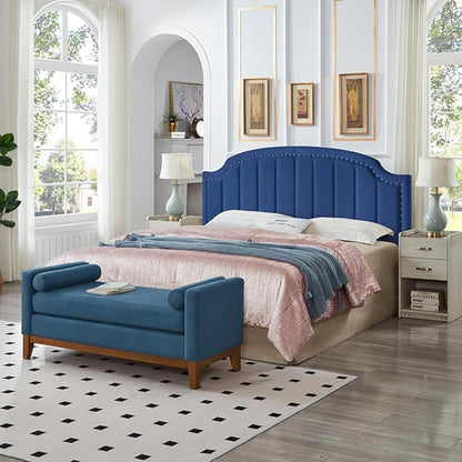 24KF Upholstered Channel Pattern King Headboard with Silver Nailhead Trim, Comfy Velvet Headboard King/CA King, 6052-K-Navy