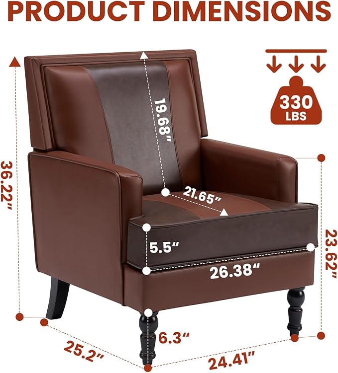 MOJAY Faux Leather Accent Chairs Set of 2, Mid-Century Modern Upholstered Lounge Armchair, Comfy Club Chair for Living Room, Bedroom, Study & Reception (Brown)