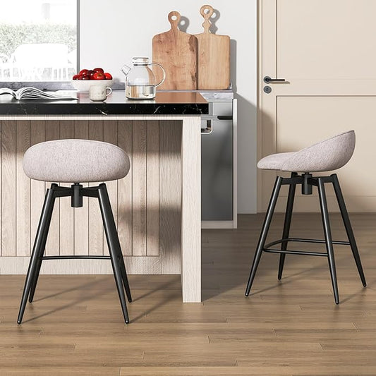 COSTWAY Bar Stools Set of 2, 25" Upholstered Counter Height 360° Swivel Bar Stools w/Backrest & Footrest, Heavy-Duty Metal Frame Armless Breakfast Chairs for Kitchen, Living Room (Set of 2,Grey)