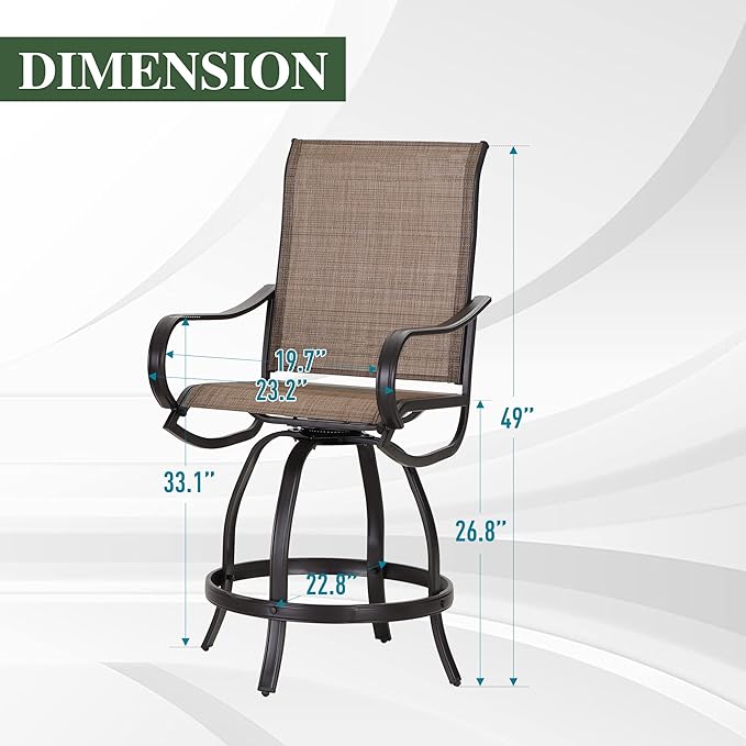 PHI Villa Outdoor Swivel Bar Stools Set of 6, Counter Height Patio Chairs with Waterproof Textile Fabric Brown, Rustproof Metal Frame & Circular Footrest for Poolside, Garden, Yard