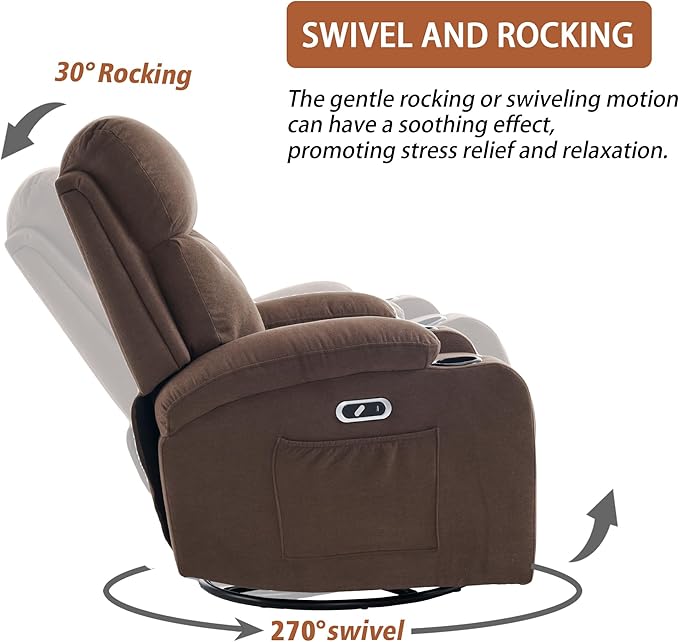 Power Swivel Rocker Recliner Massage Chair for Adults, Electric Rocking Recliner Glider Chairs for Living Room with USB and Type-C Ports,Fabric Reclining Sofa Chair (Mocha Brown)