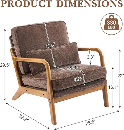 Karl home Mid Century Modern Accent Chair with Lumbar Pillow & Oak Arms – Plush Chenille Living Room Chair for Bedroom, Lounge (Brown)