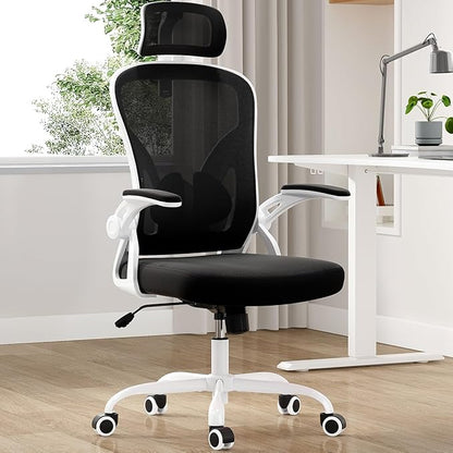 Farini Ergonomic Office Chair, Home Office Desk Chair with Headrest, High Back Computer Chair with Armrests and Adjustable Lumbar Support for Home Office Study Room, White & Black
