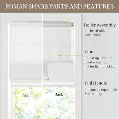 Madison Park Kyler Cordless Roman Shades - Single Panel, Lightweight Linen Blend Fabric, Natural Design, Easy Installation, Light Filtering Window Blind, Bedroom, Living Room Decor 27"W x 64"H White