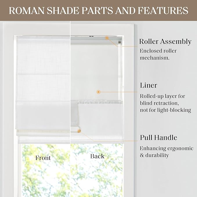 Madison Park Kyler Cordless Roman Shades - Single Panel, Lightweight Linen Blend Fabric, Natural Design, Easy Installation, Light Filtering Window Blind, Bedroom, Living Room Decor 29"W x 64"H White