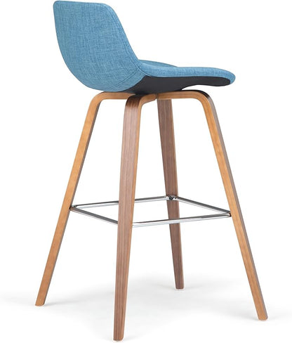 SIMPLIHOME Randolph Counter Stools (Set of 2) - 28 Inch Seat Height Upholstered Bentwood Kitchen Seats in Medium Blue Linen Look Fabric, Mid Century Modern Seating with Curved Backrest and Footrest