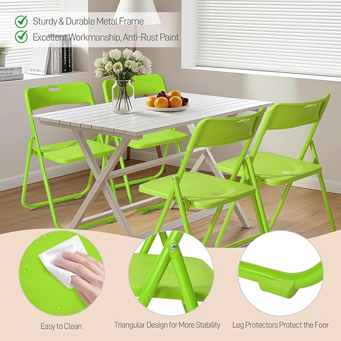 Karl home 4 Pcs Folding Chair, 300LBS Lightweight Foldable Plastic Chair, Reinforced Metal Frame Easy to Fold & Store for Indoor & Outdoor, Wedding, Party, Meeting Room, Patio and Garden, Green
