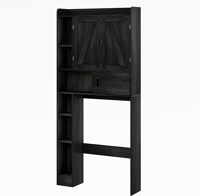 ChooChoo Over The Toilet Storage Cabinet, Farmhouse Bathroom Storage Cabinet with Sliding Door, Over Toilet Storage with Adjustable Shelves, Space-Saving, Black