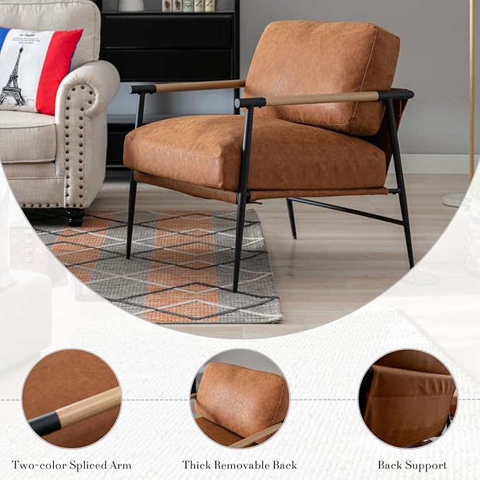 HEAH-YO Modern Accent Chairs Set of 2, PU Faux Leather Living Room Chairs with Backrests, Comfy Reading Side Chairs with Metal Legs for Bedroom, Brown