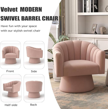 Swivel Accent Chair,Upholstered Velvet 360° Swivel Barrel Chair for Living Room Overstuffed Bouncle Reading Chair Round Armchair for Bedroom,Vanity,Office(Pink)