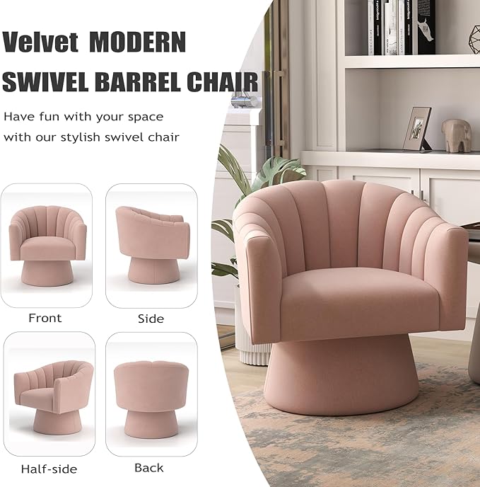 Swivel Accent Chair Set of 2, Upholstered Velvet 360° Swivel Barrel Chair for Living Room Overstuffed Bouncle Reading Chair Round Armchair for Bedroom,Vanity,Office (Pink)
