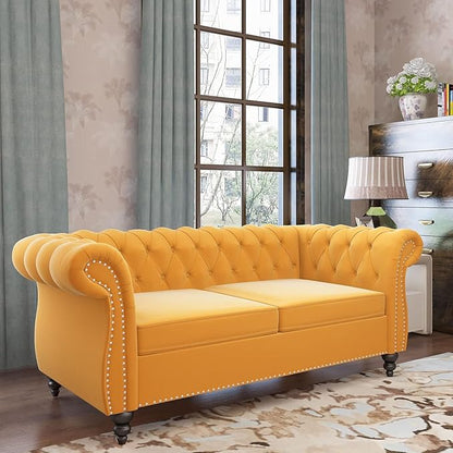 Chesterfield Loveseat Sofa, Modern Velvet Small Sofa Couch 2 Seater with Rolled Arms and Nailhead, Mid Century Modern Loveseat Couch for Small Spaces Living Room Bedroom Apartment, Yellow