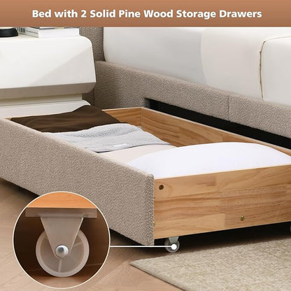 VELOCAVA King Size Upholstered Bed Frame with 51.77" Tall Headboard and Soft Rounded Corners, 2 Storage Drawers, 12-Slat Support, No Box Spring Needed, Linen-Blend Fabric, Beige