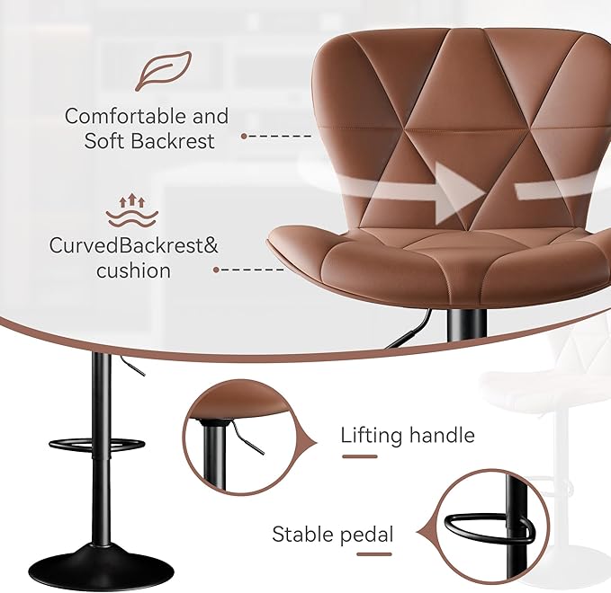 Bar Stools Set of 6,Adjustable Swivel Barstools, Faux Leather Bar Chairs,Upholstered Counter Height with High Backrest for Kitchen Island, Brown