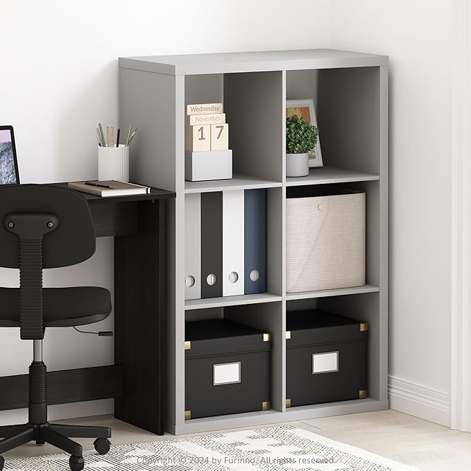 Furinno CUBICLE Book Shelf, 6-Cube Thick Frame Bookshelf, Horizontally & Vertically Reversible Bookcase with Open Back, 14.6 x 43.8 x 30, for Living Room, Bedroom, Home Office, Light Grey
