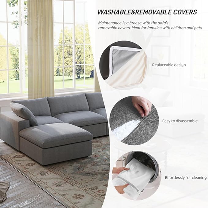 WJShome Cloud Couch Modular Sectional Sofa with Storage Ottoman,L Shaped Couch for Living Room,80.3" inch Down Filled 3 Seater Convertible Sectional Sofas for Office Apartment-Grey