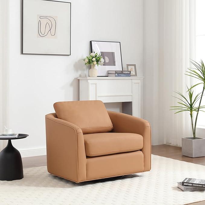 MINCETA Oversized Accent Chair for Living Room, 360° Swivel Barrel Chair with High Density Foam, Modern Reading Chair with PU Leather Upholstered Armchair for Apartment, Bedroom Brown