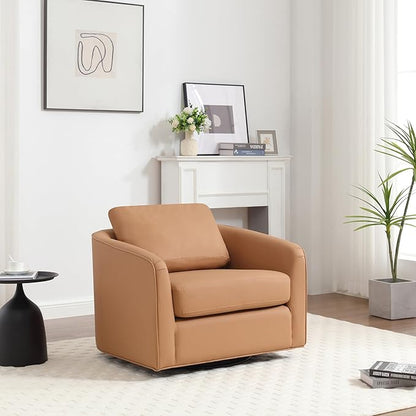 MINCETA Oversized Accent Chair for Living Room, 360° Swivel Barrel Chair with High Density Foam, Modern Reading Chair with PU Leather Upholstered Armchair for Apartment, Bedroom Brown