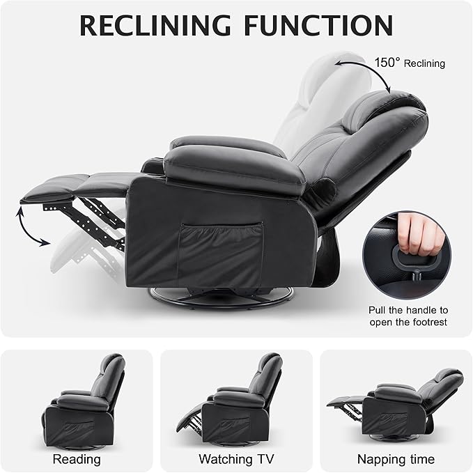 Oversized Swivel Rocker Recliner Sofa Chair with Heat and Massage, 360 Degree Swivel Single Sofa with Cup Holders and USB Port, Big Recliner Sofa Chair for Living Room(Leather, Smoky Black)